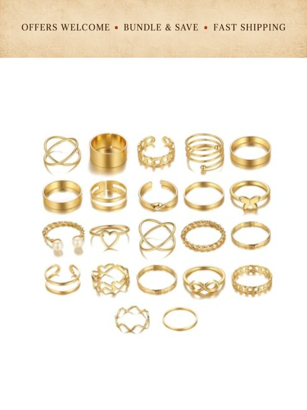 Dainty Gold Stacking Knuckle Rings Set Adjustable Hypoallergenic Alloy 22 Pc